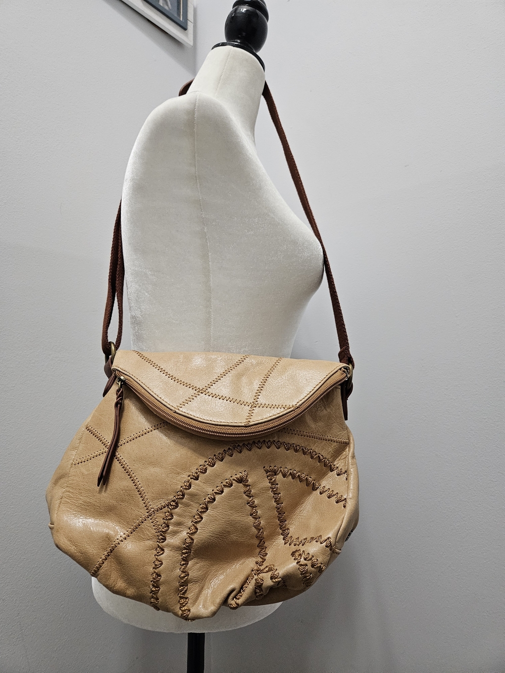 The Sak Tan Leather Crossbody Bag with Brown Strap